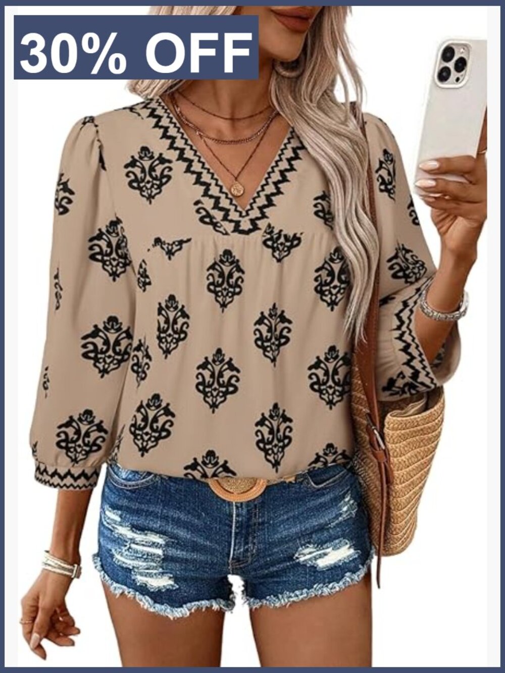 Casual V Neck Floral Print Chiffon Blouse 3/4 Sleeve Boho Summer Top